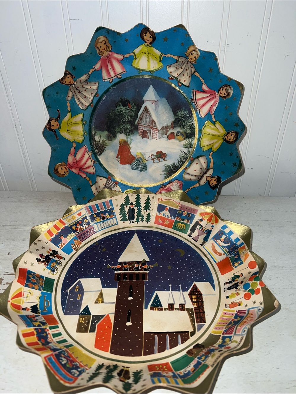 2 Vintage Germany Christmas fluted cardboard bowls plates cookie tray